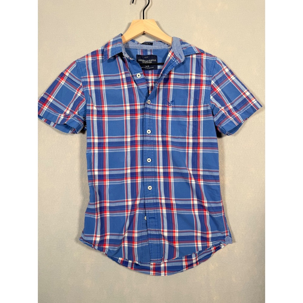 American Eagle Mens XS Blue Red Plaid Short Sleeve Button Down Vintage Fit Shirt